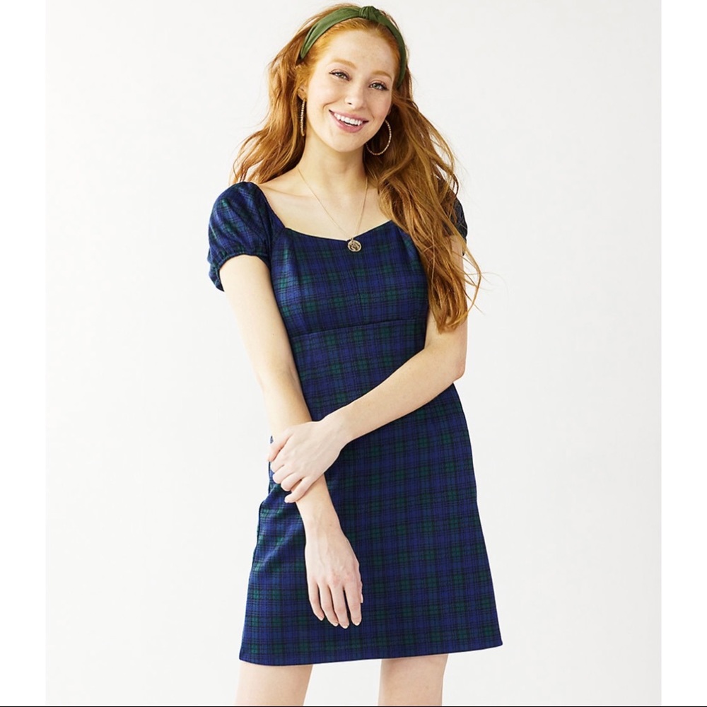 NWT SO Peasant Pinafore Mini Dress Green Navy Plaid Juniors Size S
